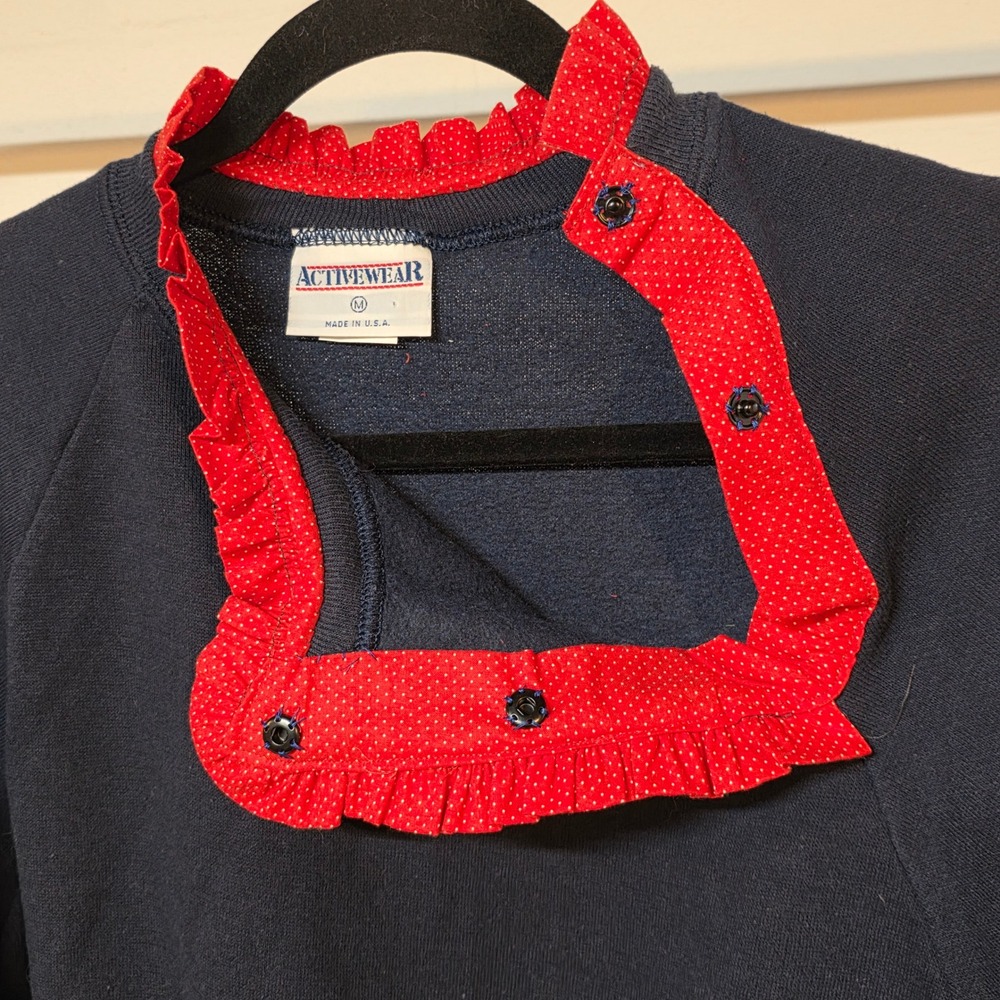 Vintage 80s Activewear Navy Blue Ruffle Collar Polka Dot Sweatshirt Women Medium - Picture 7 of 12
